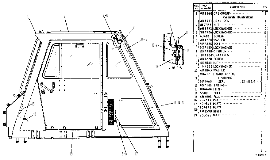CAB GROUP-WITHOUT ROPS-SIDE VIEW 9D8470 CAT