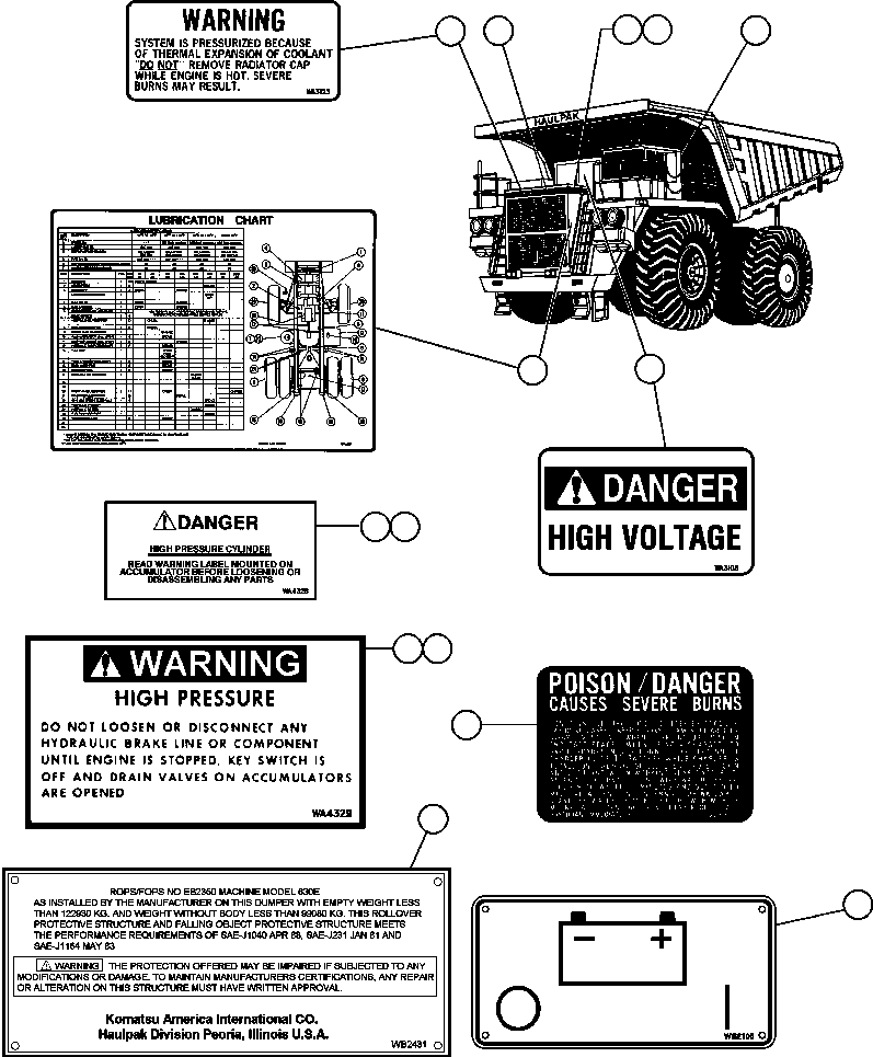 PLATE, ROPS WARNING (REAR OF CAB) (2) WB2602 KOMATSU