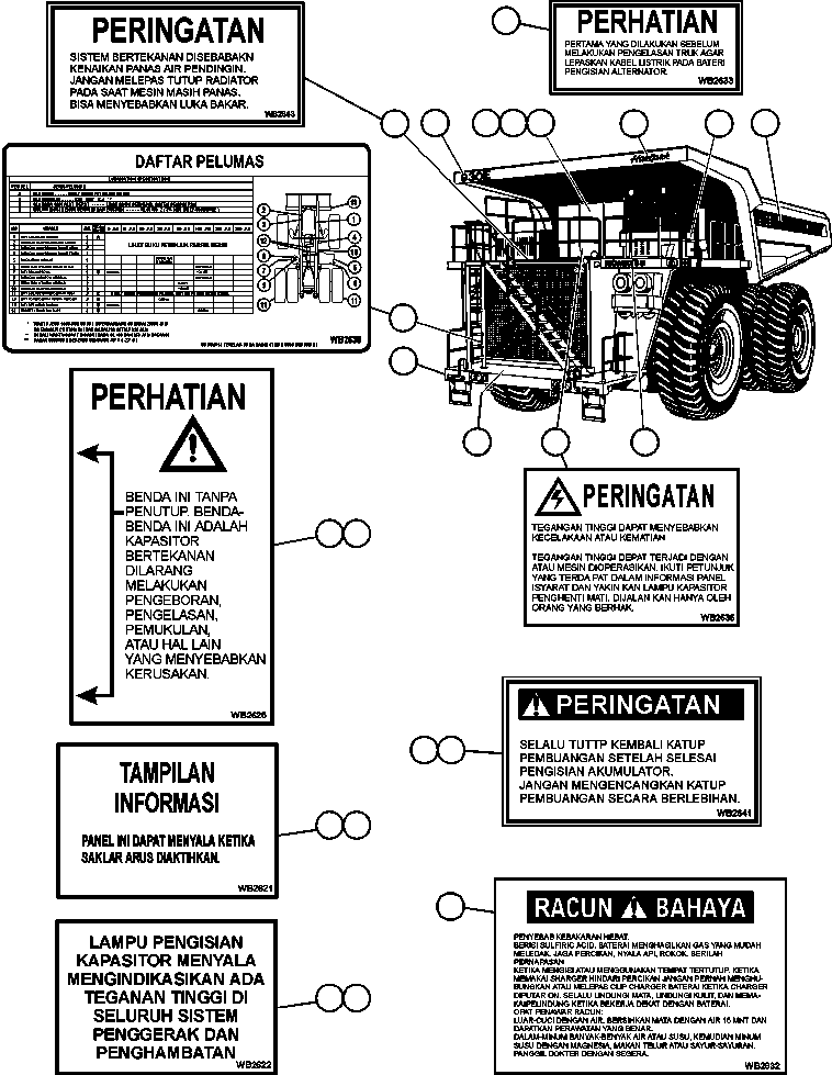 DECAL, WARNING - ACCUM DRAIN VALVES (CABINET) WB2641 KOMATSU