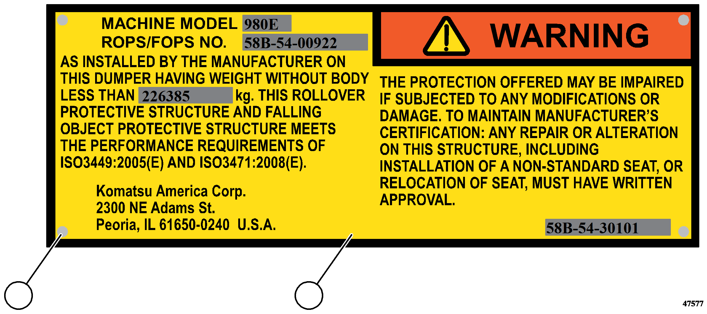 PLATE, ROPS/FOPS (1) 58B-54-30101 KOMATSU