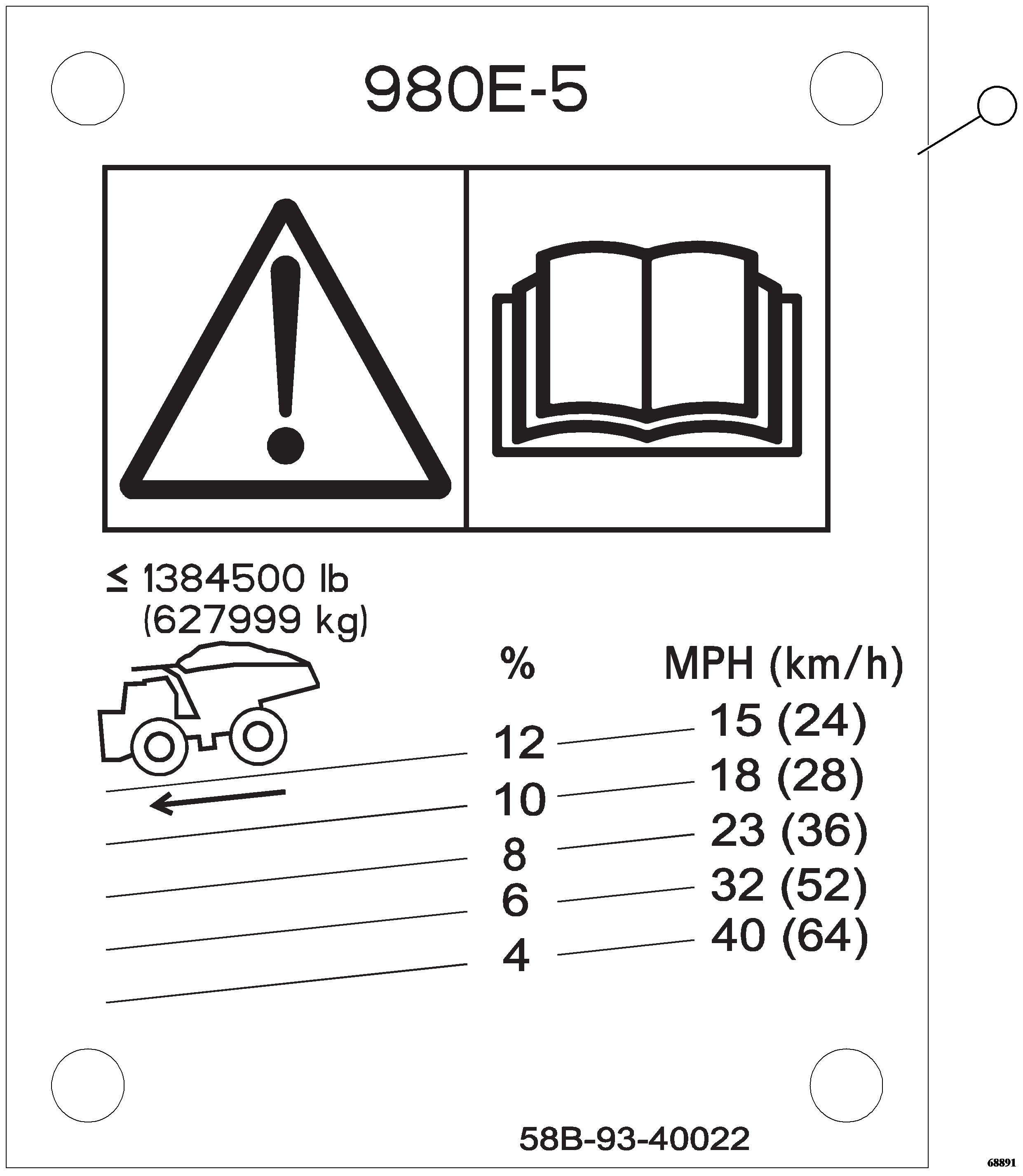 PLATE, GRADE SPEED CHART (INSIDE CAB) 58B-93-40022 KOMATSU