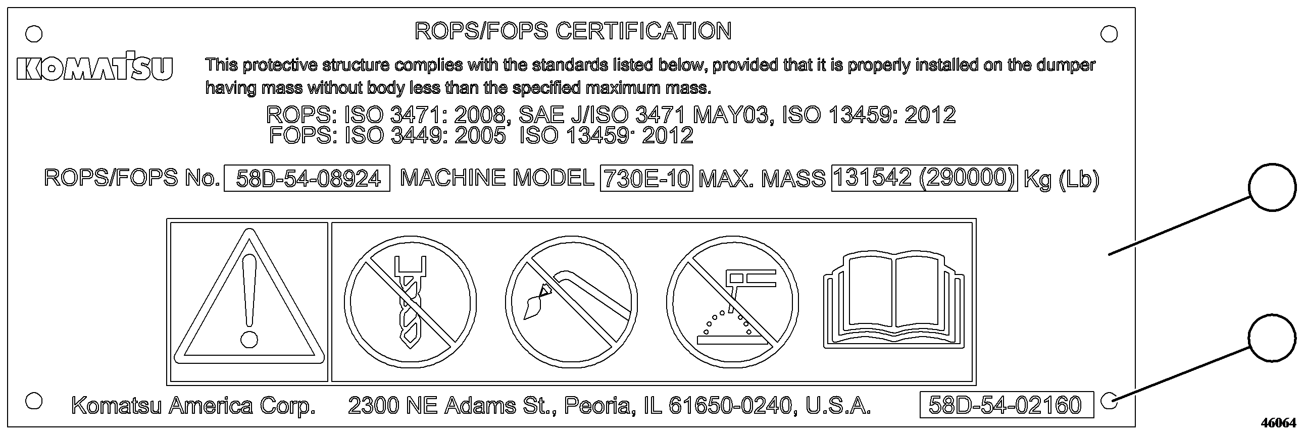 PLATE, ROPS/FOPS (1) 58D-54-02160 KOMATSU
