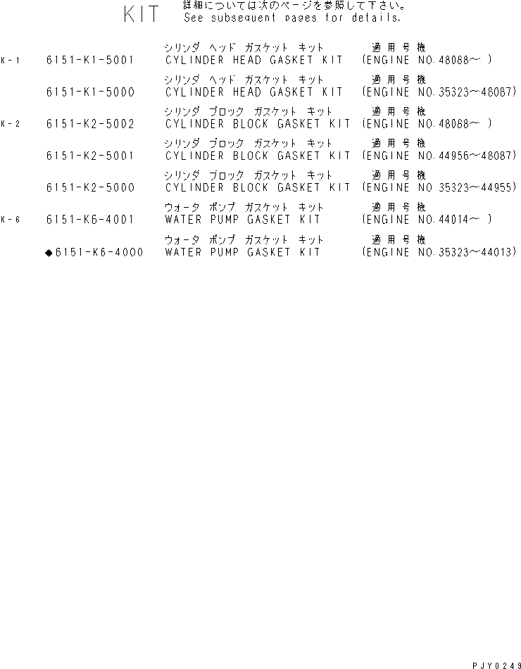 Комплект прокладок, блок цилиндров 6151-K2-5000 KOMATSU