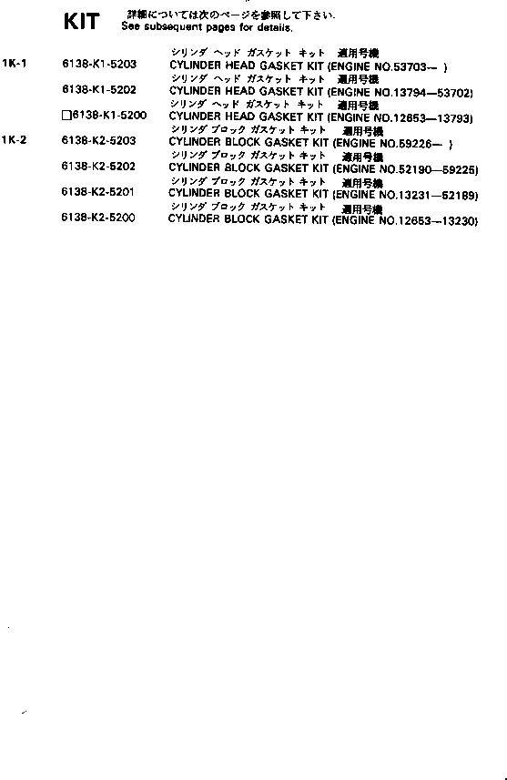 Комплект прокладок, блок цилиндров 6138-K2-5202 KOMATSU