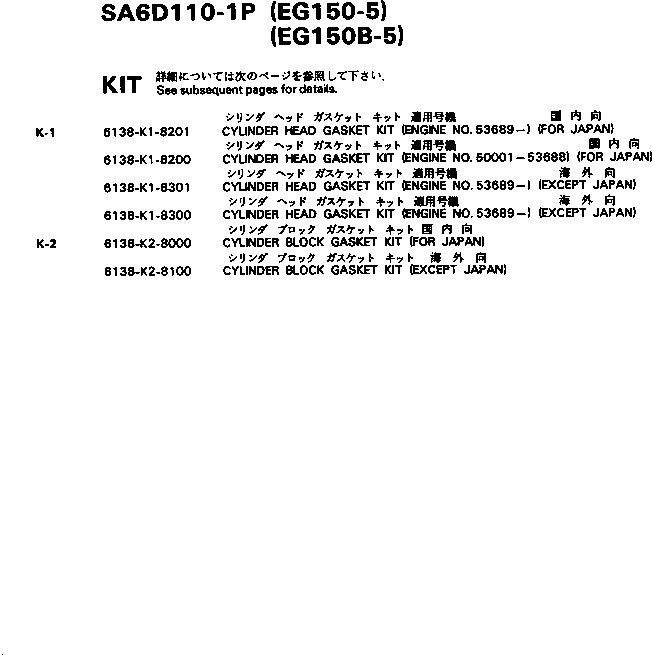 Комплект прокладок, блок цилиндров 6138-K2-8100 KOMATSU