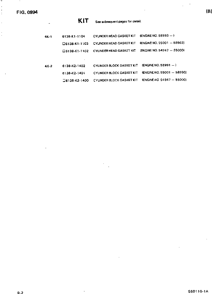 Комплект прокладок, блок цилиндров 6138-K2-1402 KOMATSU