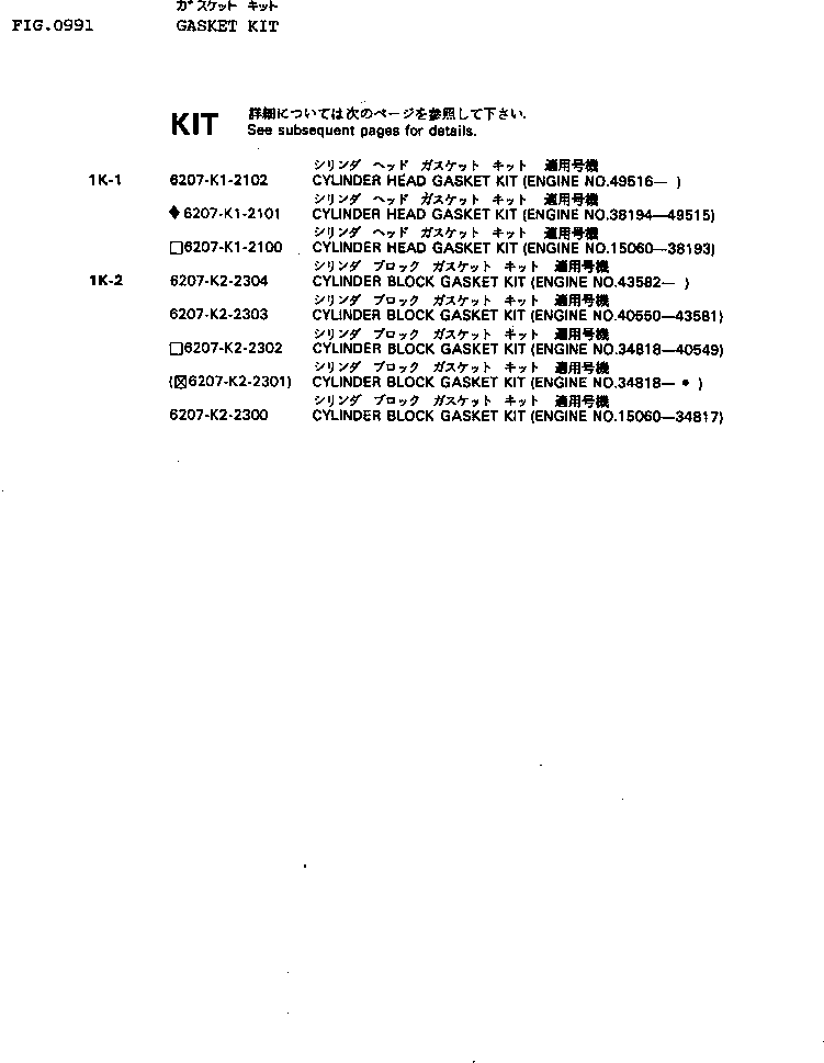 Комплект прокладок, блок цилиндров 6207-K2-2303 KOMATSU