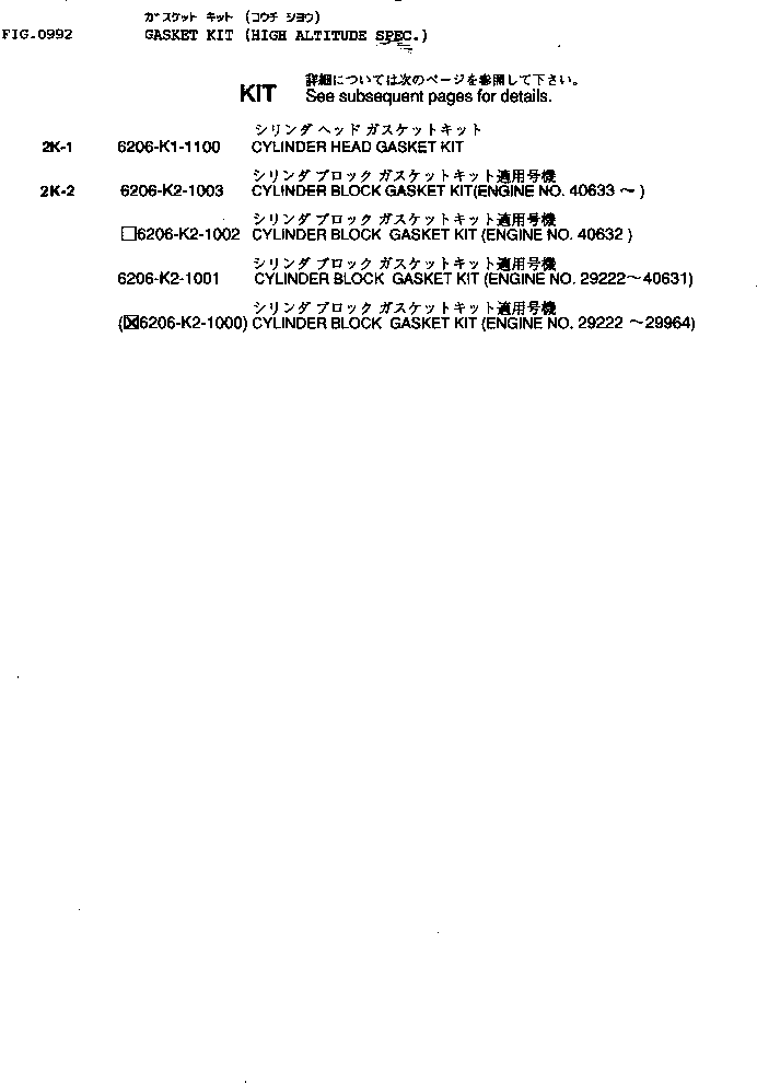 Комплект прокладок, блок цилиндров 6206-K2-1002 KOMATSU