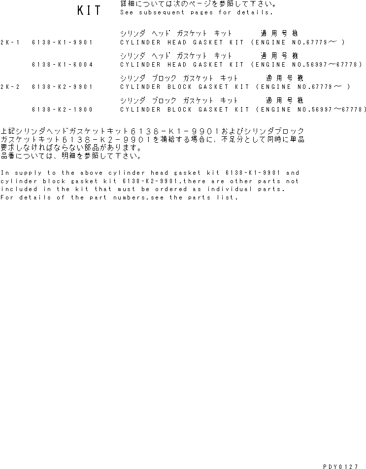 Комплект прокладок, блок цилиндров (\4\6138-K2-1900) KOMATSU