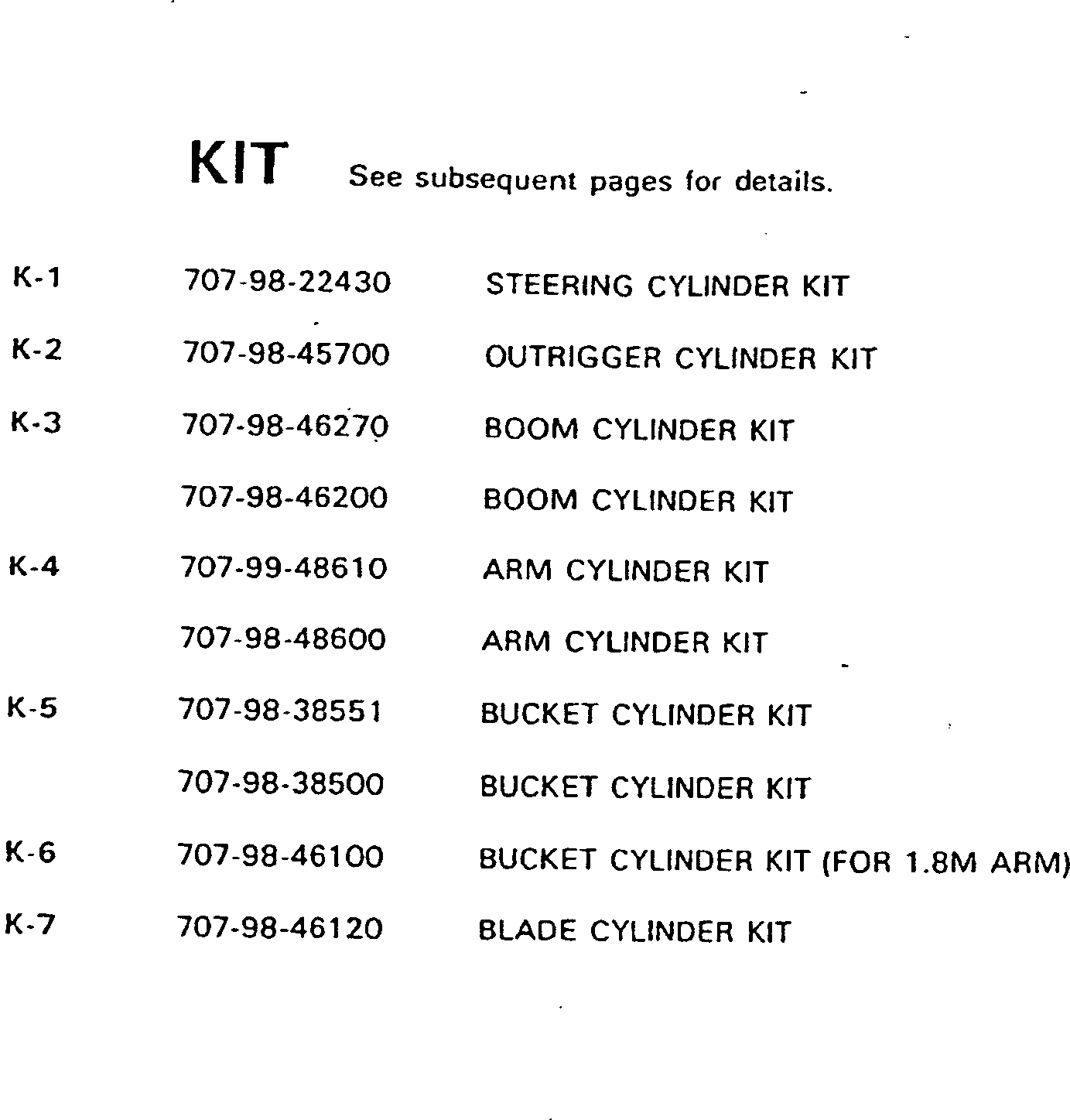 SERVICE KIT,BUCKET CYLINDER 707-98-38551 KOMATSU
