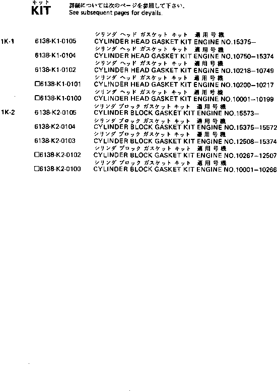 Комплект прокладок, блок цилиндров 6138-K2-0103 KOMATSU