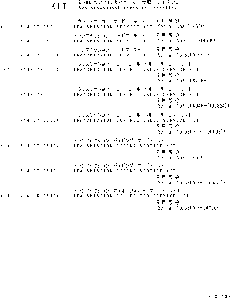SERVICE KIT,TRANSMISSION CONTROL VALVE \0\714-07-05051 KOMATSU